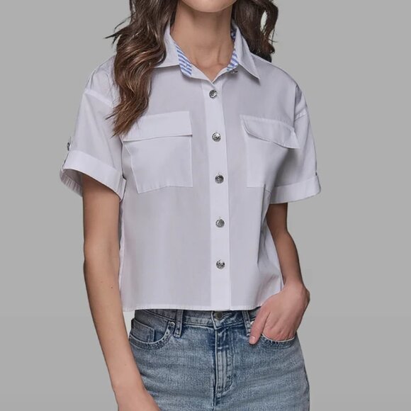 KARL LAGERFELD PARIS Limited Edition Poplin Short Sleeve Button Top Shirt Crop - Picture 1 of 6